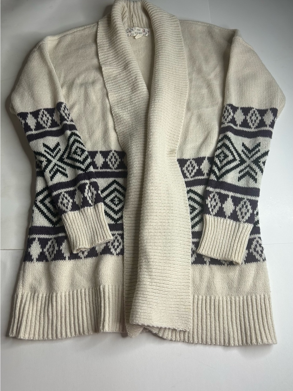 Pink Republic Ivory Open-Front Faire Isle Cardigan Geometric Trim Sz M Boho Cozy - Picture 7 of 9